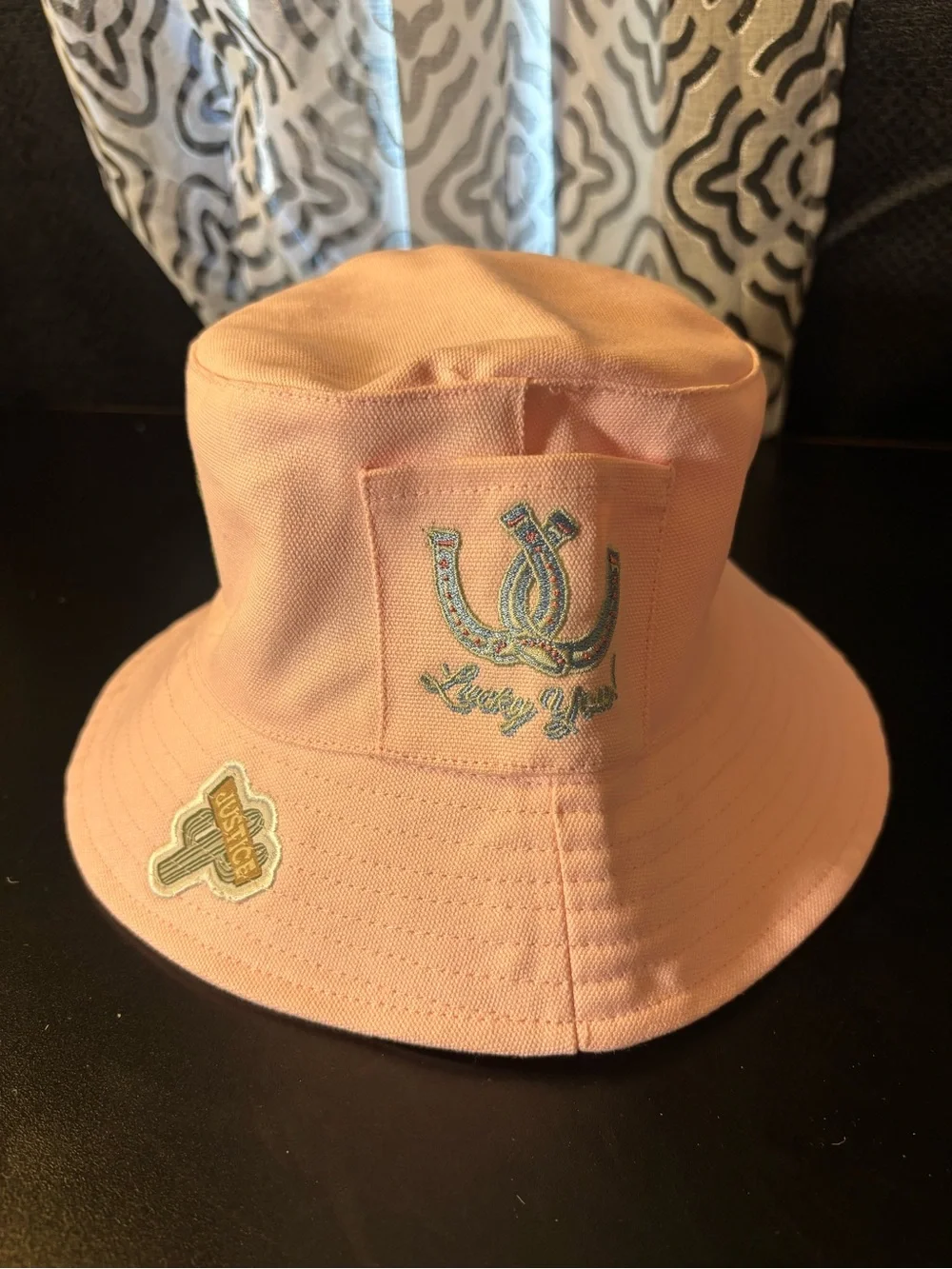 Justice Pink Bucket Hat with Embroidered Patch Accents